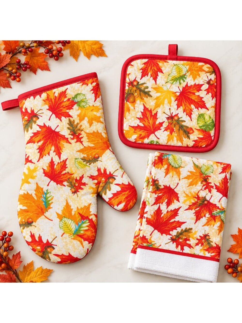 Autumn Fall Leaves Kitchen Towel Oven Mitt and Pot Holder Set